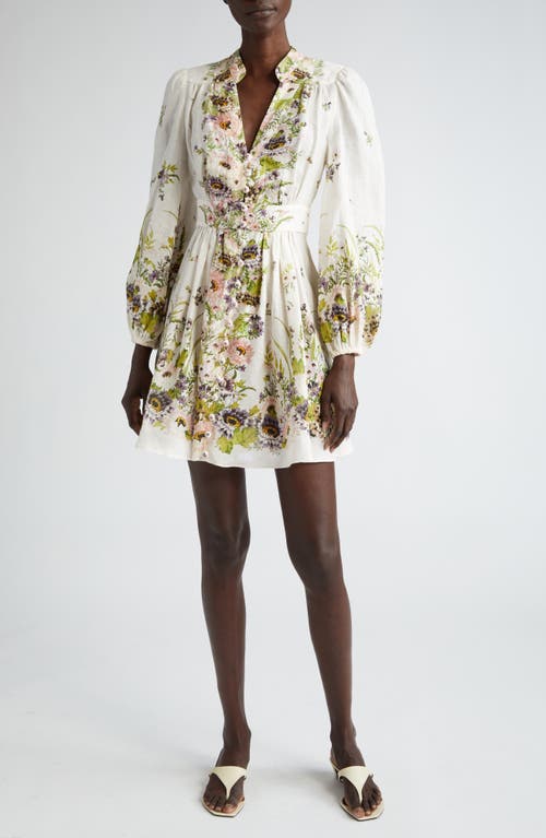 Zimmermann Halliday Floral Long Sleeve Linen Minidress In Cream Multi Floral