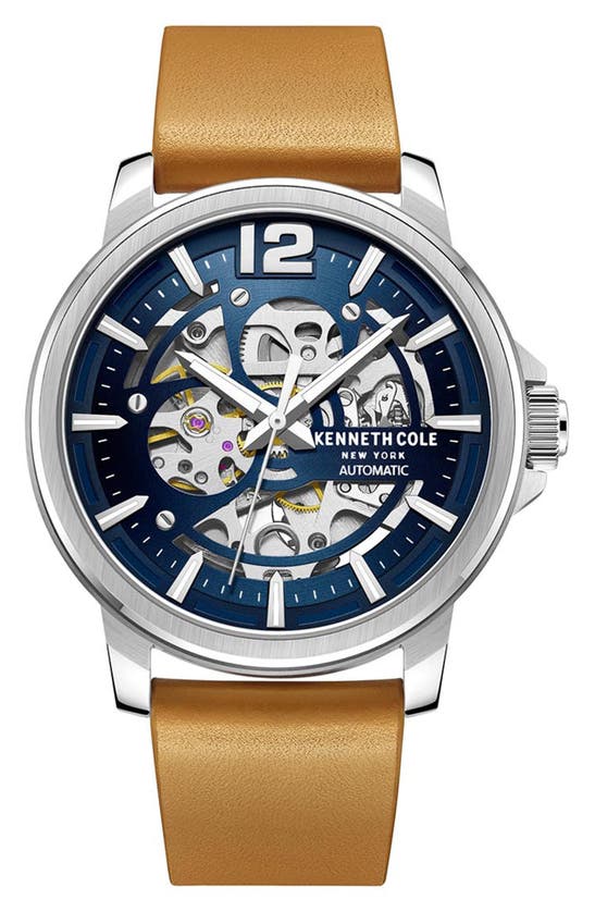 Kenneth Cole Automatic Leather Strap Watch, 44mm In Tan
