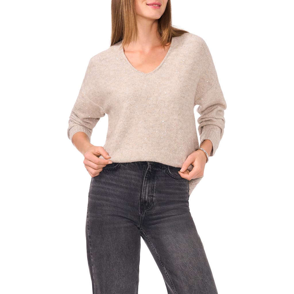 Shop Vince Camuto Sequin Detail V-neck Sweater In Flax