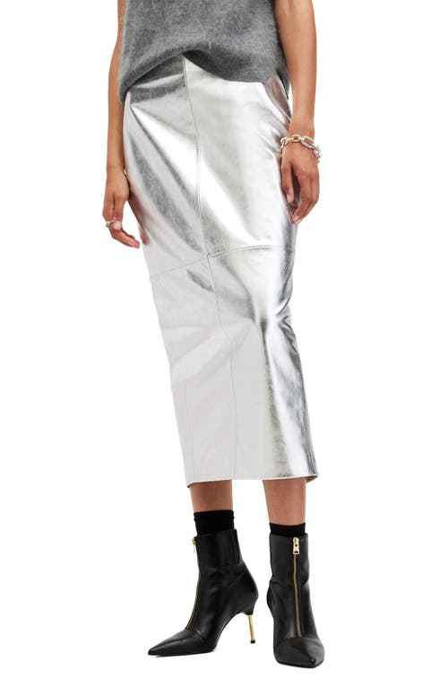 Shop Allsaints Renai Metallic Leather Midi Skirt In Silver