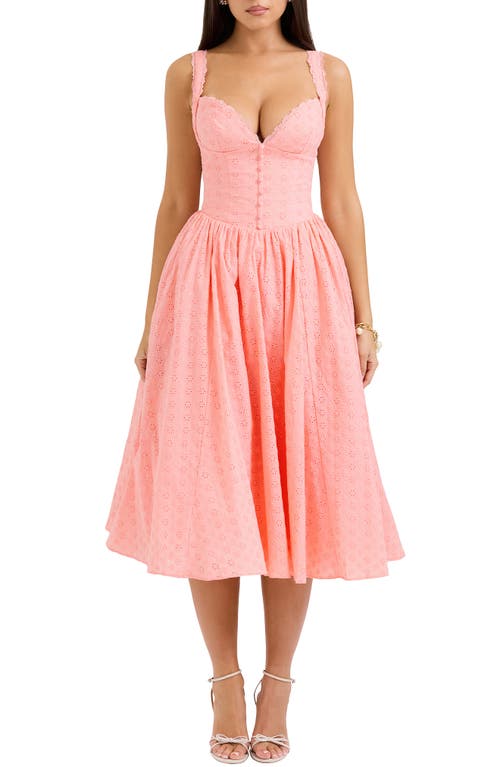 Shop House Of Cb Adalyn Eyelet Corset Midi Dress In Peach Pearl