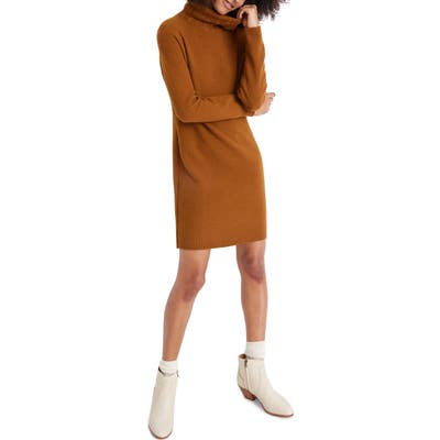 Madewell Foldover Turtleneck Long Sleeve Sweater Dress, Brown