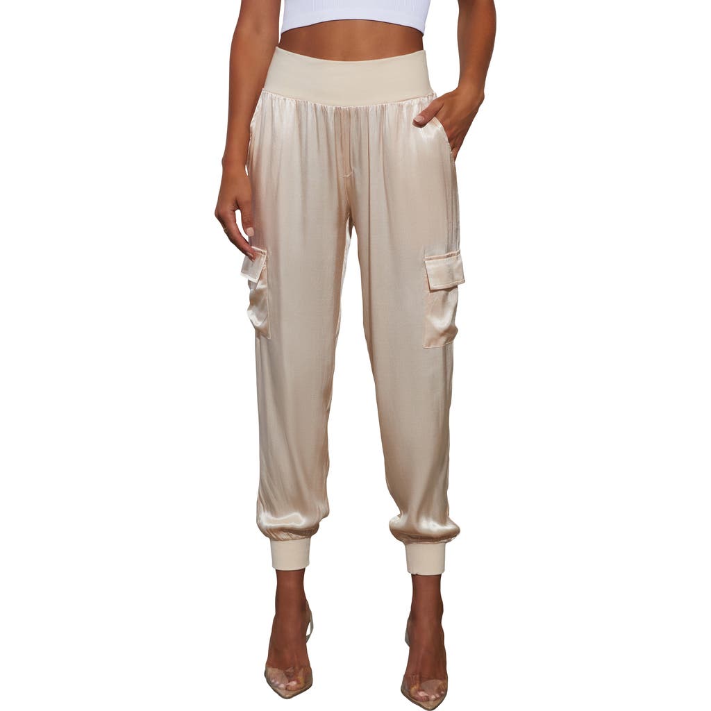 Vici Collection Luxe Look Satin Cargo Joggers In Champagne