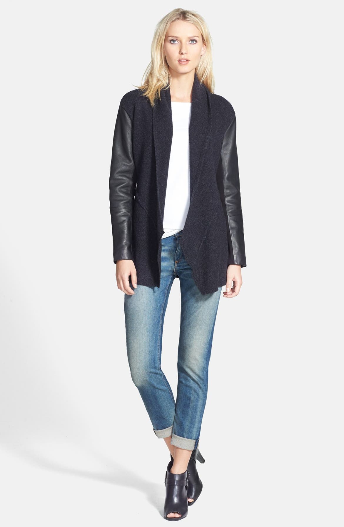 Eileen Fisher Leather Sleeve Merino Lambswool Jacket (Regular & Petite