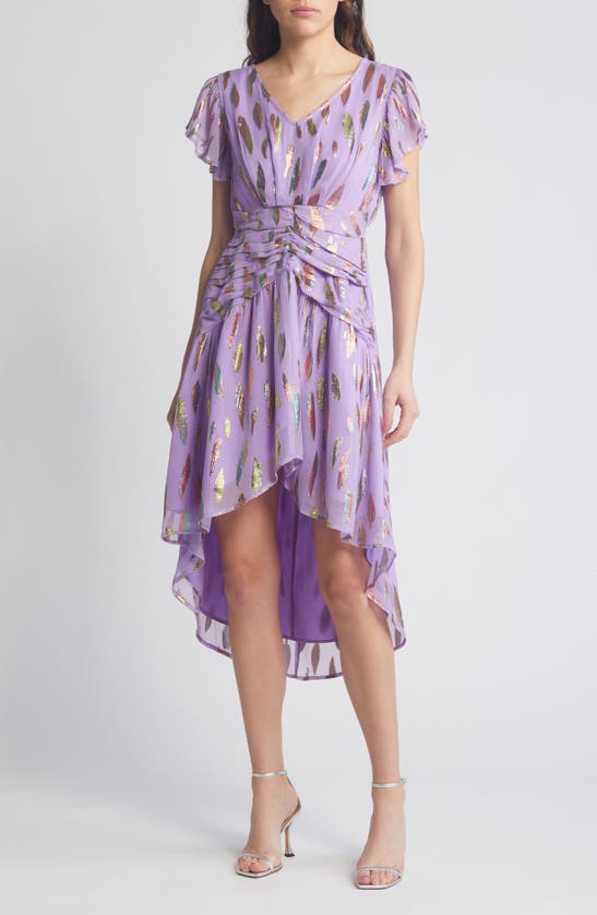 Ciebon Palmina Metallic Leaf Print High-low Dress In Purple