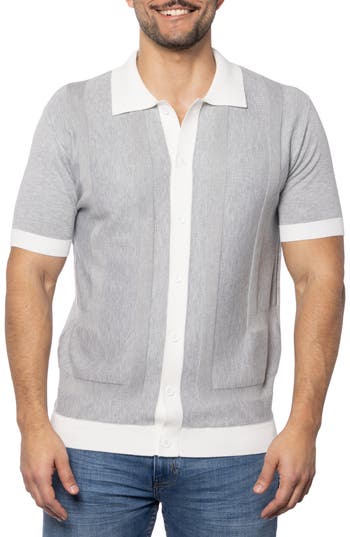 Shop Spring + Mercer Textured Short Sleeve Button-up Sweater In Grey/white