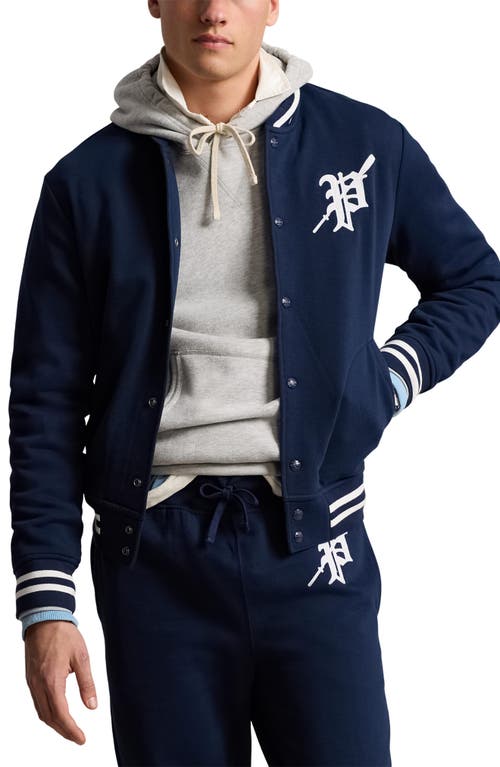 Shop Polo Ralph Lauren Felted Snap-up Baseball Jacket In Cruise Navy