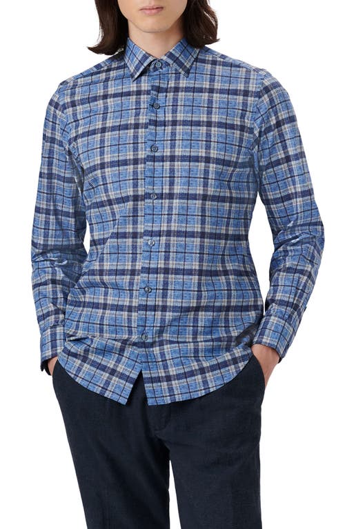 Bugatchi Julian Shaped Fit Plaid Stretch Button-Up Shirt in Classic Blue at Nordstrom, Size Medium