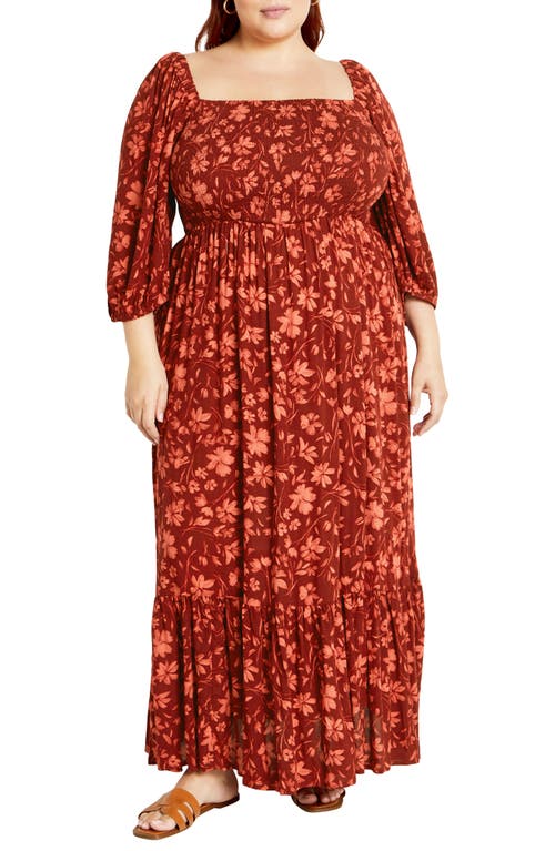 City Chic Kaylee Floral Smocked Bodice Maxi Dress In Rust Floral
