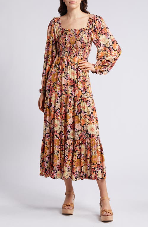 Mystic Floral Smocked Long Sleeve Maxi Dress in Black Multi