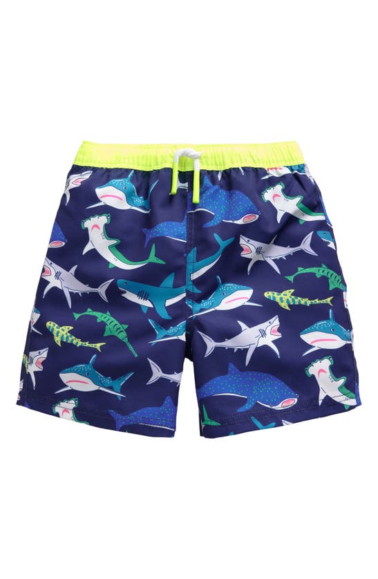 Shop Mini Boden Kids' Print Swim Trunks In Multi Blue Sharks