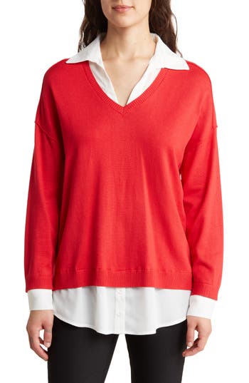 Adrianna Papell Twofer Sweater In Red/ivory