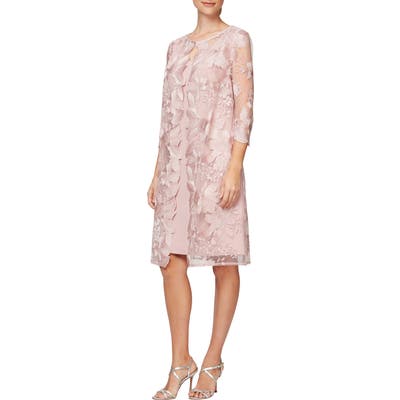Alex Evenings Embroidered Mock Jacket Cocktail Dress, Pink