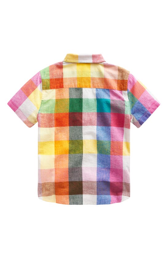 Shop Mini Boden Kids' Check Short Sleeve Linen & Cotton Button-down Shirt In Bright Neon Multigingham