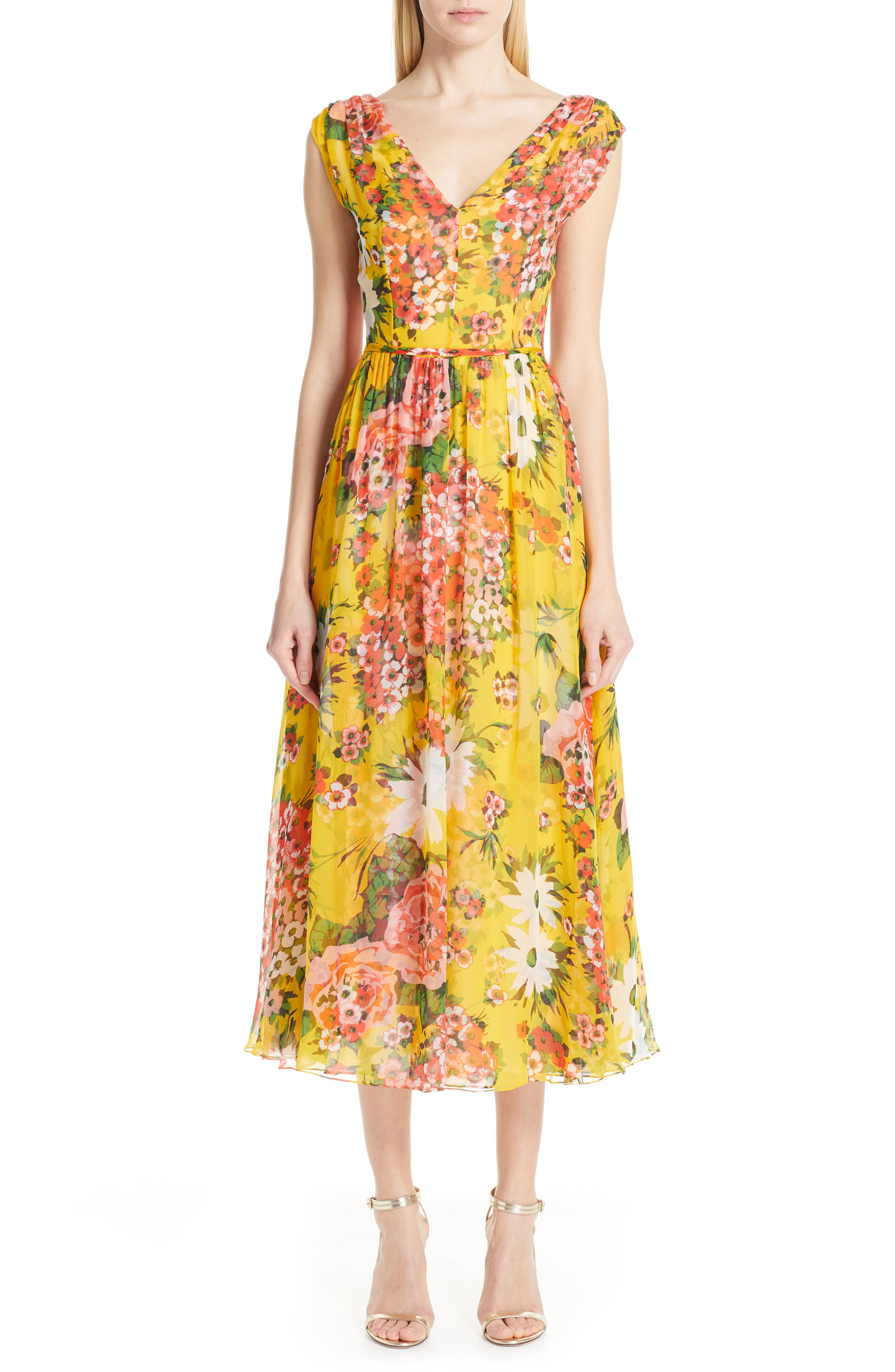 Carolina Herrera Floral Off The Shoulder Silk Midi Cocktail Dress, Yellow