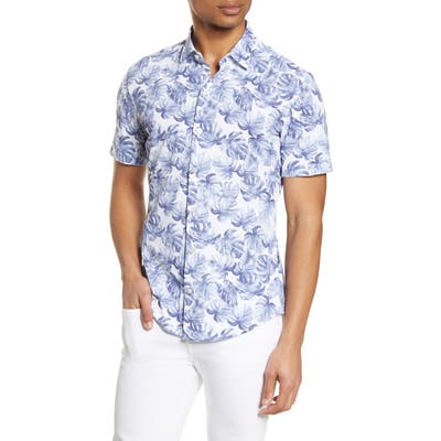 Boss Robb Slim Fit Palm Print Short Sleeve Button-Up Performance Shirt, Blue