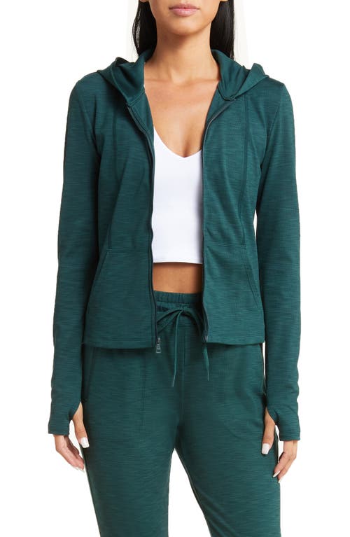 Shop Beyond Yoga Heather Rib Zip-up Hooded Jacket In Midnight Green Heather Rib