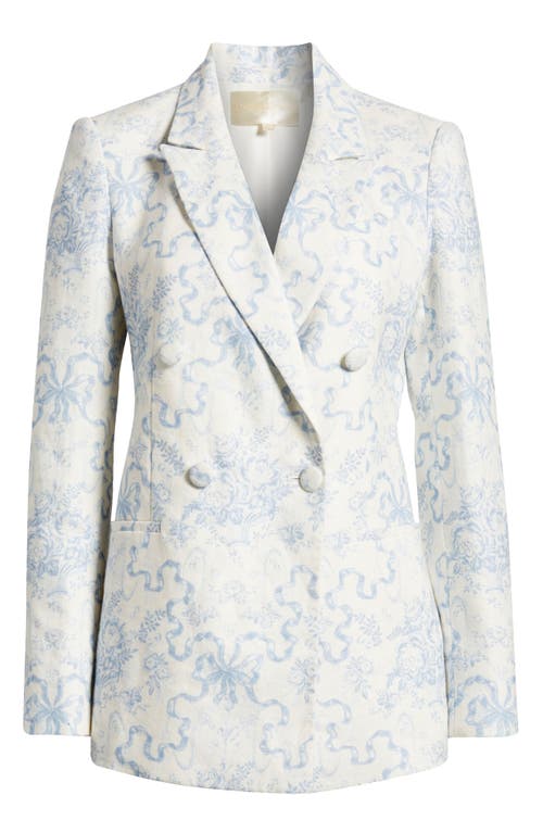 Shop Loveshackfancy Lumine Floral Double Breasted Linen Blazer In Blissful Blue