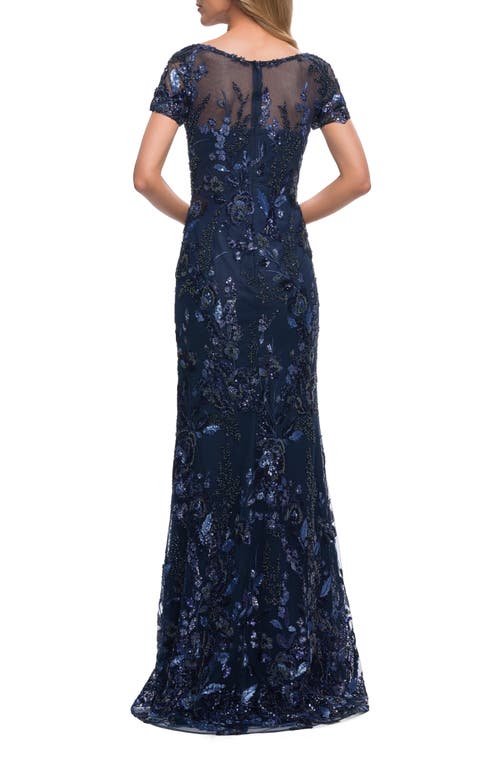 La Femme Beaded Floral Short-sleeve Gown With Sheer Neckline In Navy