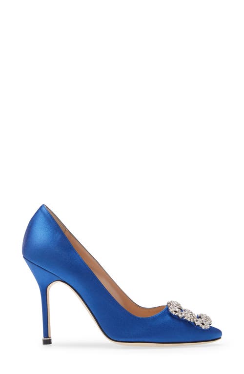 Shop Manolo Blahnik Hangisi Crystal Buckle Pump In Blue Satin Clear/buckle