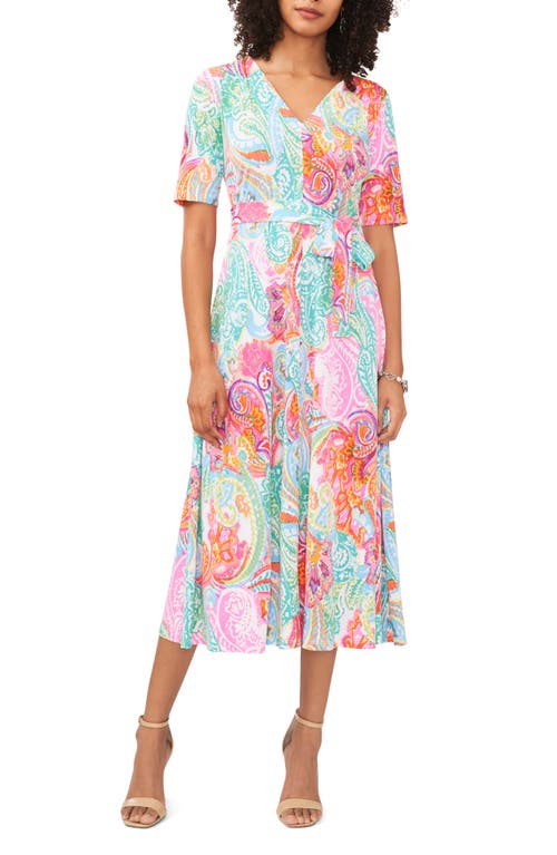 V-Neck Tie Waist Midi Dress in Aqua/Pink/Multi