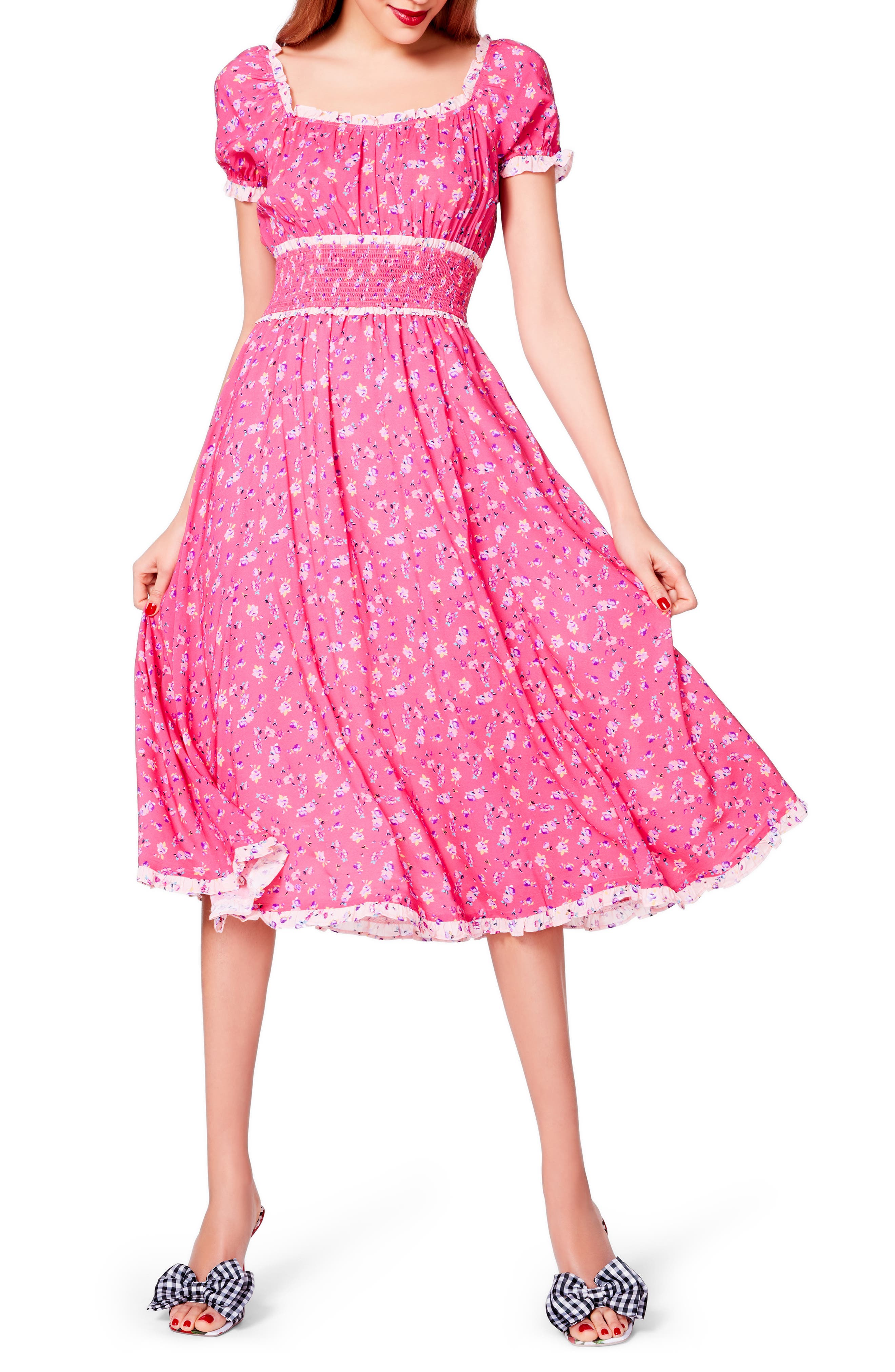 Betsey Johnson Puff Sleeve Ditsy Print Midi Dress In Fruit Dove | ModeSens