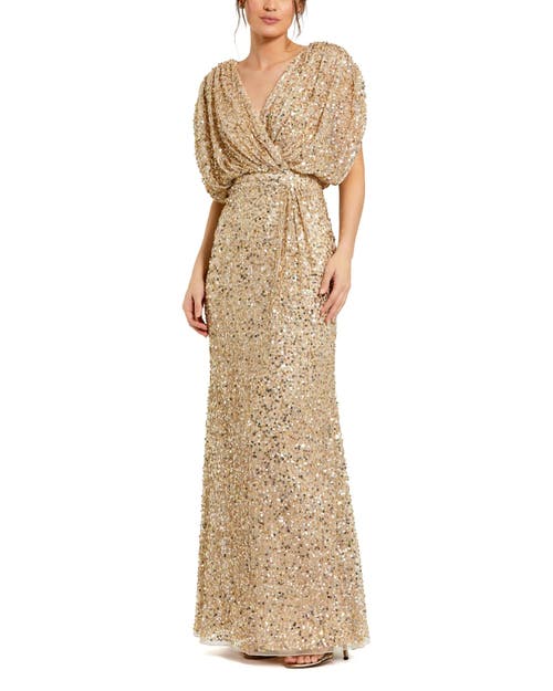 Mac Duggal Draped Sleeve V Neck Gown in Nude Gold 