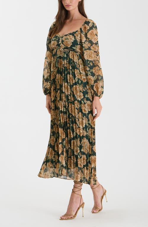 August Sky Floral Long Sleeve Empire Waist Maxi Dress In Hunter Green Multi