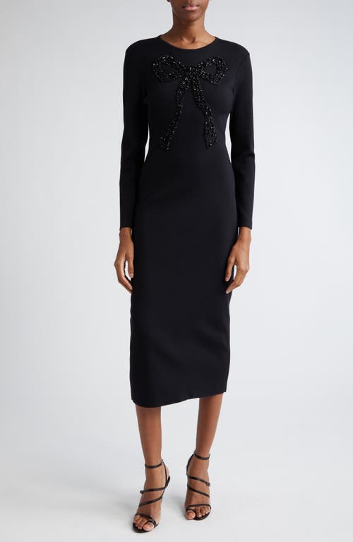 Carolina Herrera Beaded Bow Long Sleeve Wool Blend Sweater Dress Black at Nordstrom,