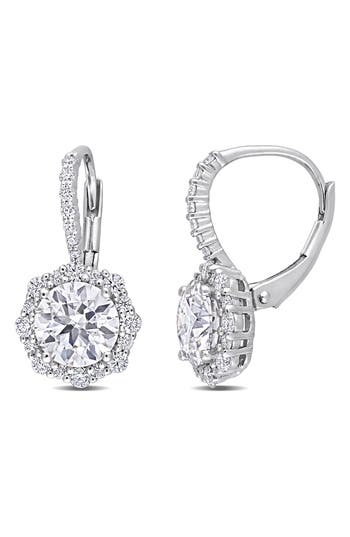Delmar Sterling Silver Lab Created Moissanite Halo Drop Earrings In Silver