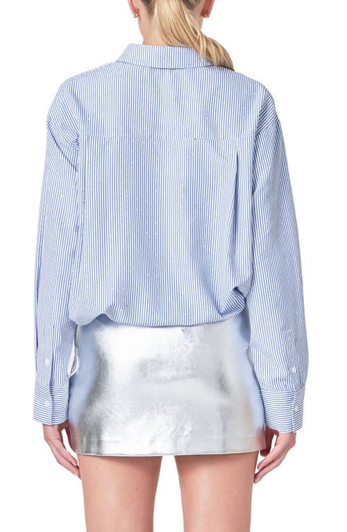Endless Rose Rhinestone Elastic Waist Button-up Shirt In Navy/white