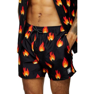Topman Fire Print Swim Shorts, Black