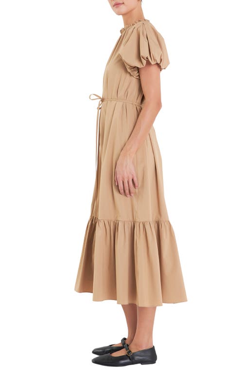 Shop English Factory Puff Sleeve Tie Belt Midi Dress In Camel