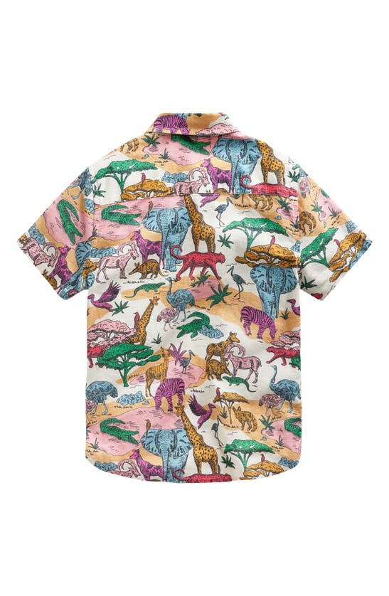 Shop Mini Boden Kids' Animal Print Short Sleeve Linen & Cotton Button-down Shirt In Multi Savannah Scene