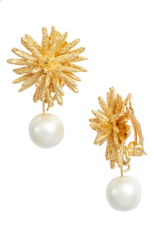 Starburst Imitation Pearl Clip-On Drop Earrings in Gold