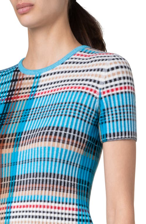 Shop Akris Punto Tartan Short Sleeve Wool Rib Sweater In Multicolor