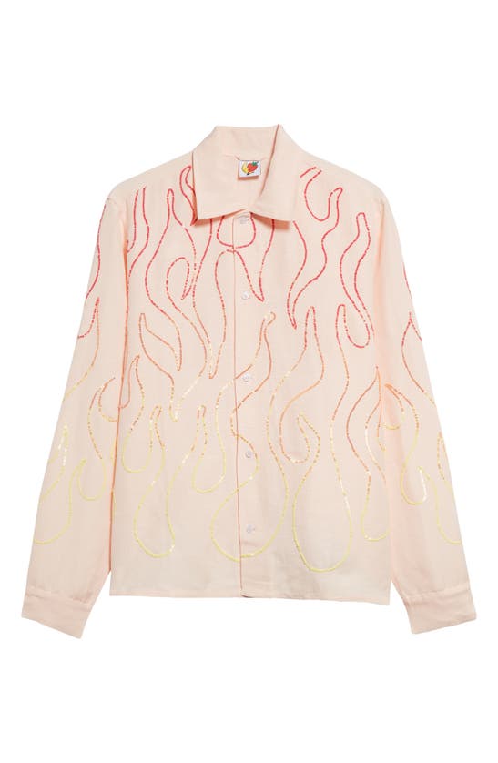 Shop Sky High Farm Workwear Gender Inclusive Sequin Flame Embroidered Linen Blend Button-up Shirt In Pink