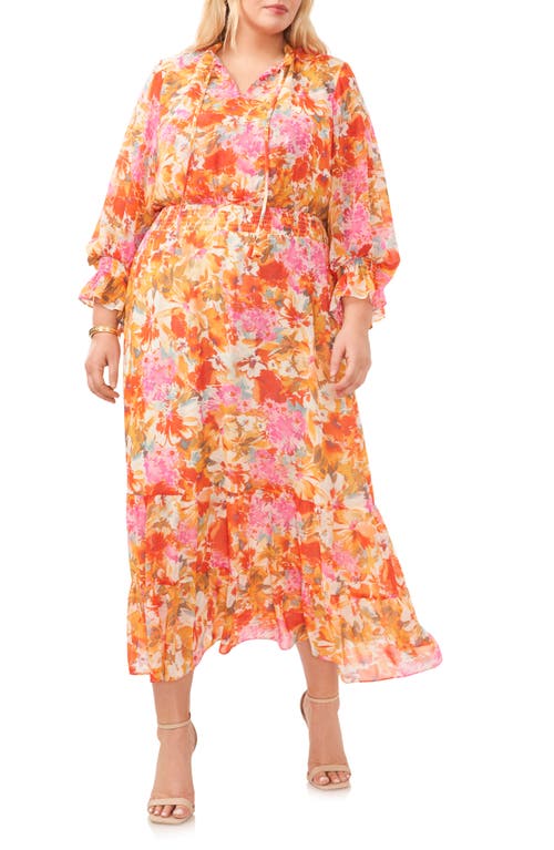 Floral Smocked Three Quarter Sleeve Maxi Dress in Tulip Red