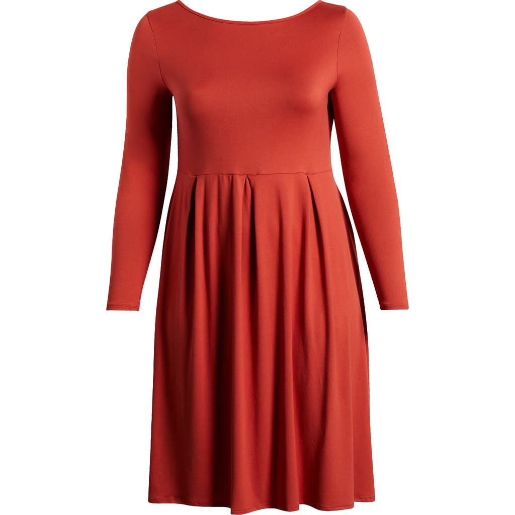 24seven Comfort Apparel Plus Size Long Sleeve Fit And Flare Midi Dress In Rust