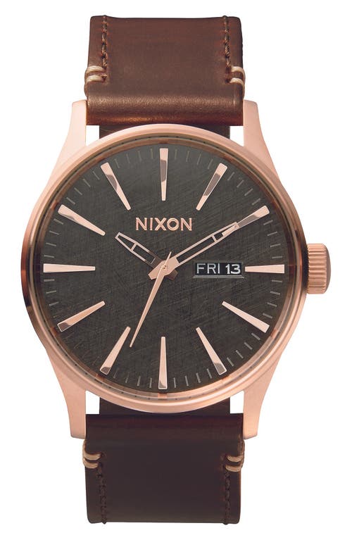 Nixon The Sentry Leather Strap Watch, 42mm In Rose Gold/gunmetal/brown