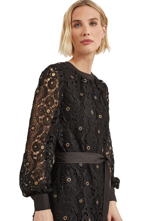 Misook Belted Long Sleeve Grommet Lace Midi Dress In Black