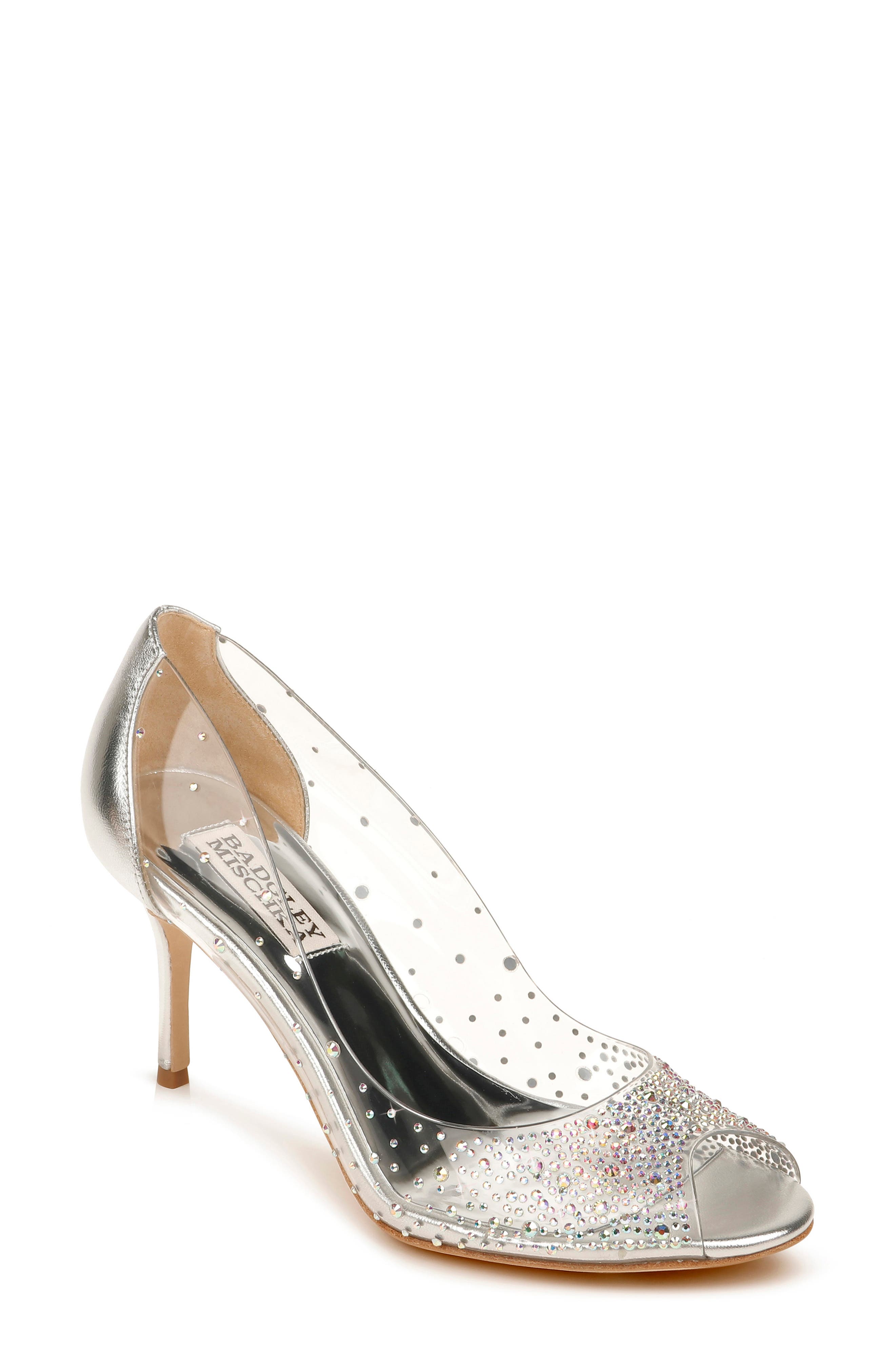 Badgley Mischka Collection Ginata Embellished Peep Toe Pump In Silver Nappa Leather