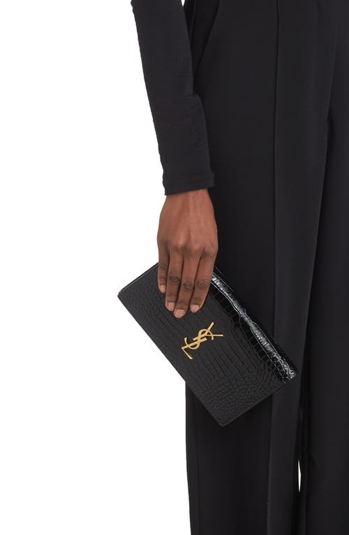 Shop Saint Laurent Croc Embossed Leather Wallet On A Chain In Nero/nero