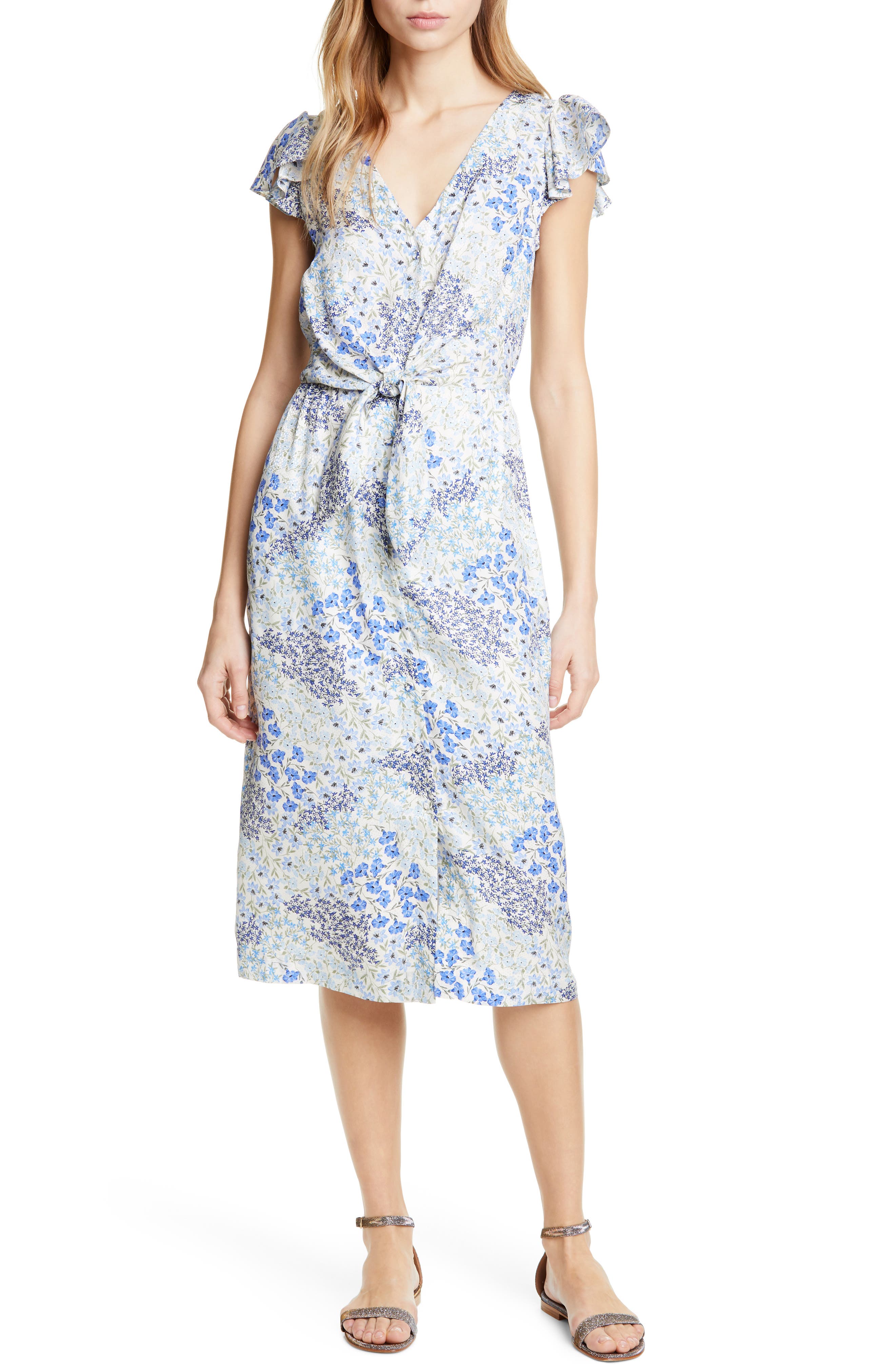 Rebecca Taylor Ava Tie Waist Silk Dress, Blue