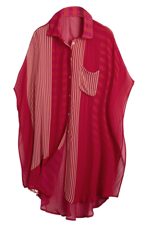 Saachi Sheer Oversize Stripe Cover-up Shirt In Red