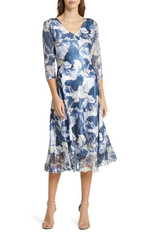 Abstract Print Charmeuse & Lace Cocktail Midi Dress in Gilded Lily