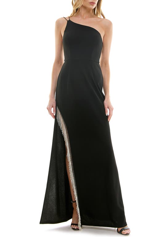 Shop Speechless Rhinestone Fringe One-shoulder Gown In Black/silver