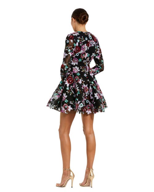 Mac Duggal High Neck Long Sleeve Sequin A Line Mini Dress In Black Multi
