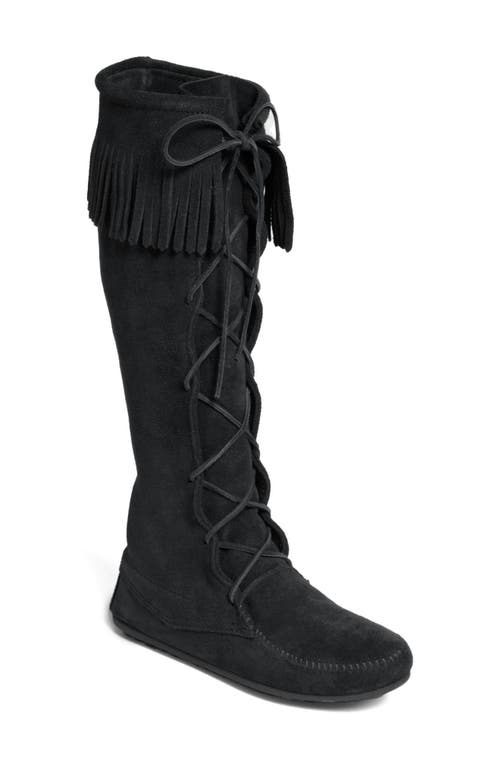 Minnetonka Lace-Up Boot in Black Suede