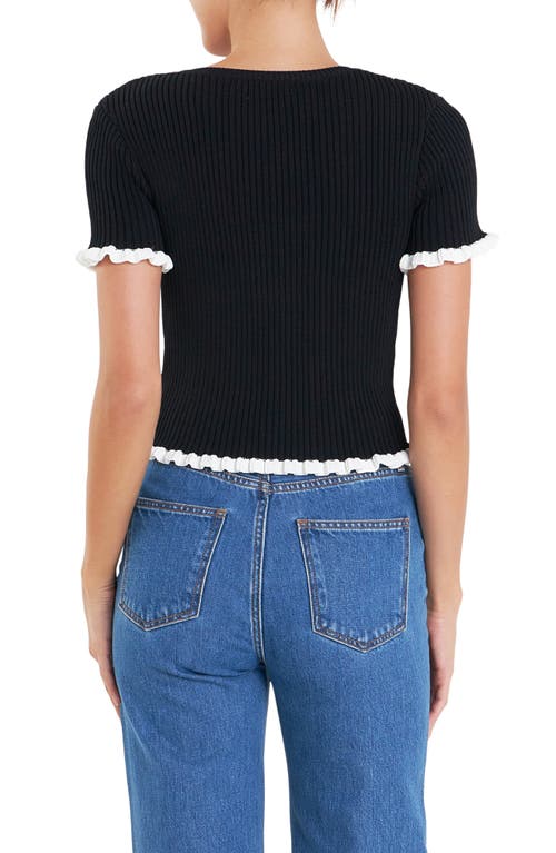 Shop English Factory Ruffle Trim Short Sleeve Rib Sweater In Black/white